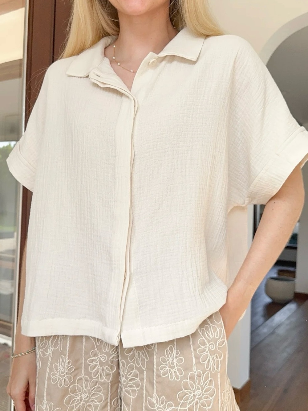 NWT Neutral Ground Cream Short-Sleeve Cotton Button Front Top - Size S